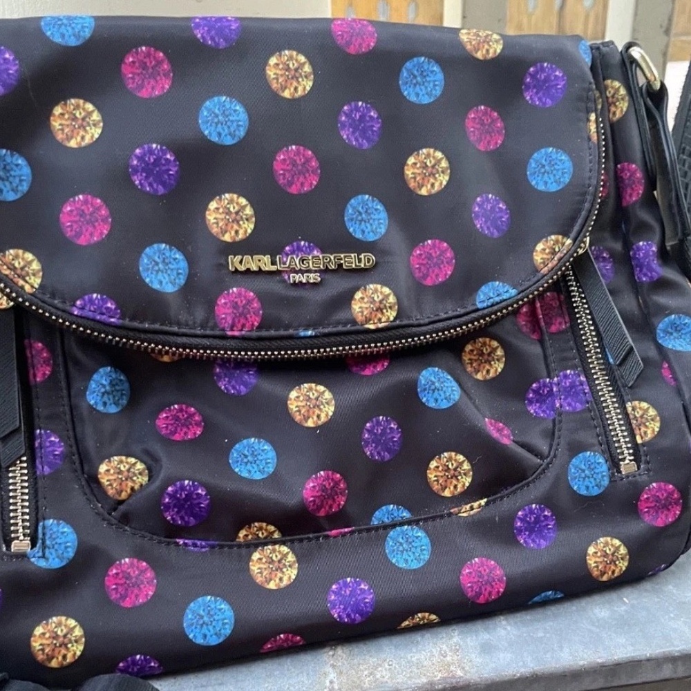 NWT Karl Lagerfeld Paris Black multicolor Jewel Pattern Nylon Shoulder Bag - Picture 2 of 4